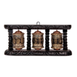 Handcrafted Tibetan Three copper and brass prayer wheels with wooden frame.