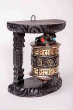 Handcrafted Tibetan single prayer wheel with wooden frame. - Image 2