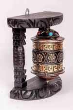 Handcrafted Tibetan single prayer wheel with wooden frame. - Image 4