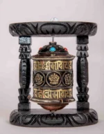 Handcrafted Tibetan single prayer wheel with wooden frame.